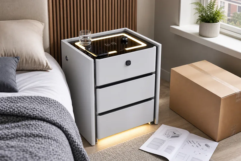 Smart bedside table prepared for UK online retail packaging and assembly review
