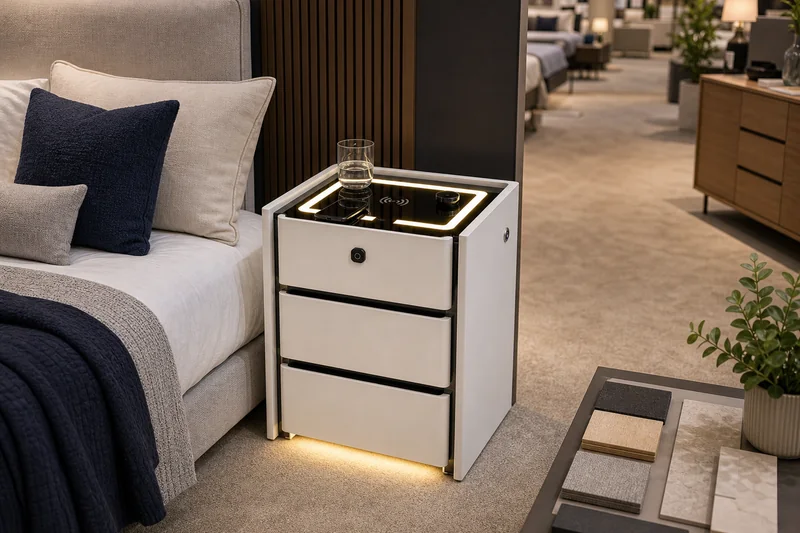 Smart bedside table displayed in a UK furniture showroom bedroom setting