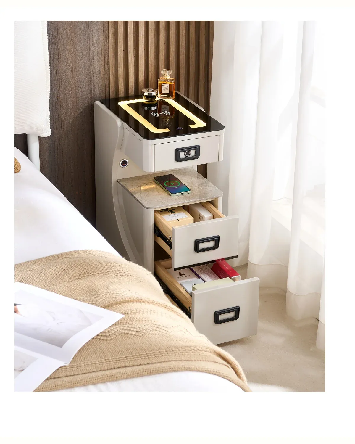 30cm Slim Smart Nightstand with LED Light and Wireless Charging