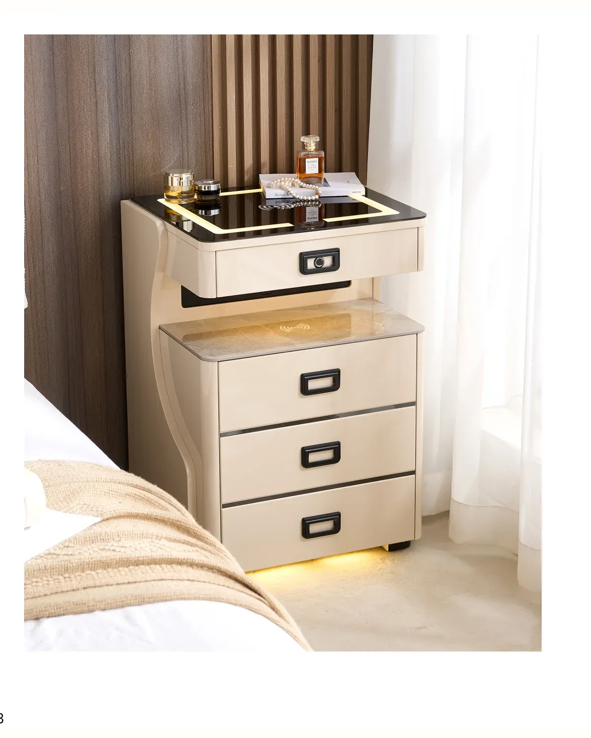 70cm Tall Smart Nightstand with LED Light, Speaker and Safe Storage